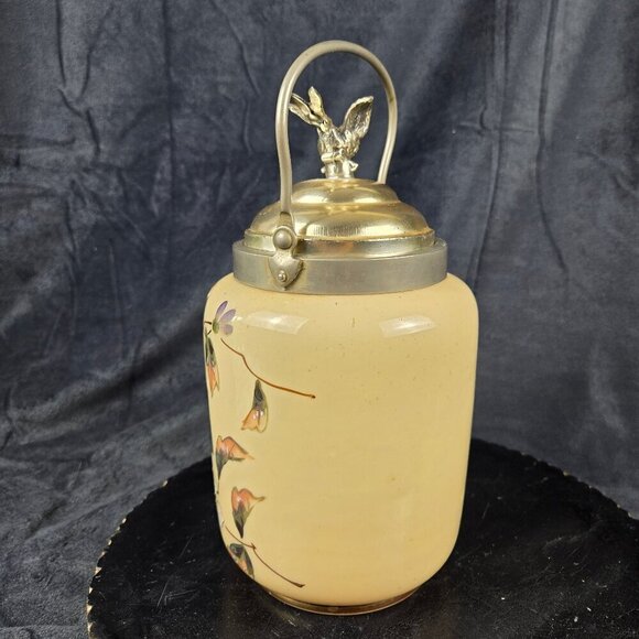 Hand Painted Porcelain Biscuit Barrel Silver Tone Lid With Bird Floral Motif VTG - Picture 3 of 16